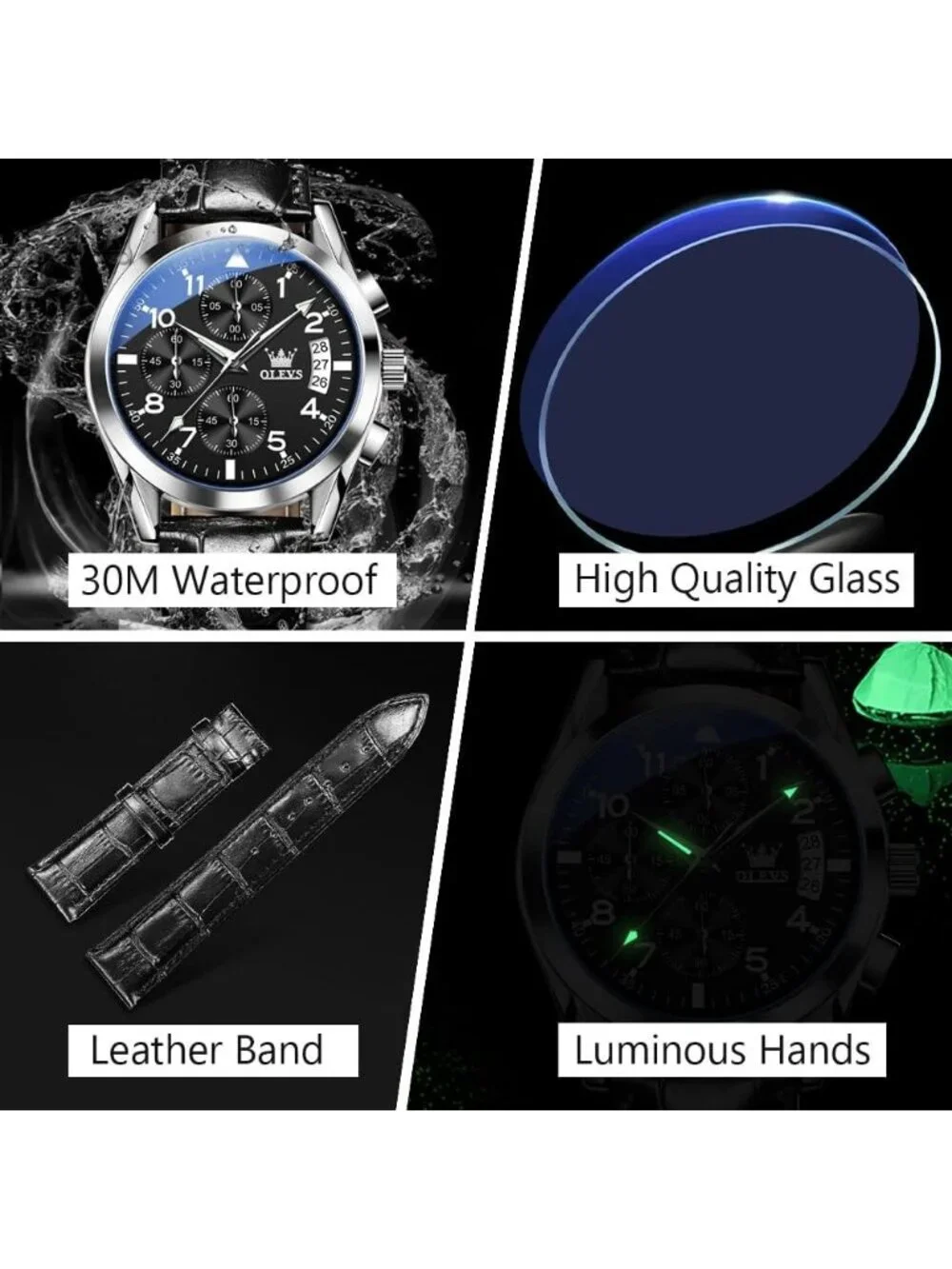 Men's Silver Black Leather Chronograph Watch Big Face Waterproof Luminous Watch